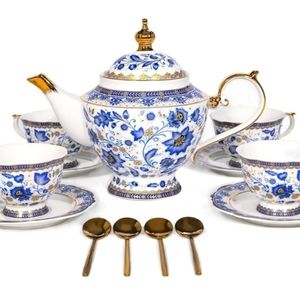 Elegant Blue and Gold Floral Tea Set